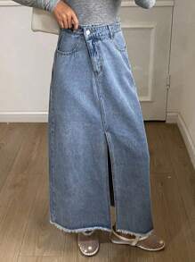 Livesso 女士夏季毛边宽松休闲牛仔半身裙 - 藍色 - 查看 3