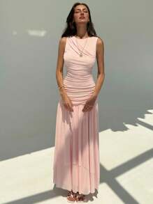 Aloruh Women's Plain Round Neck Ruched Hem Sleeveless Casual Dress, Summer