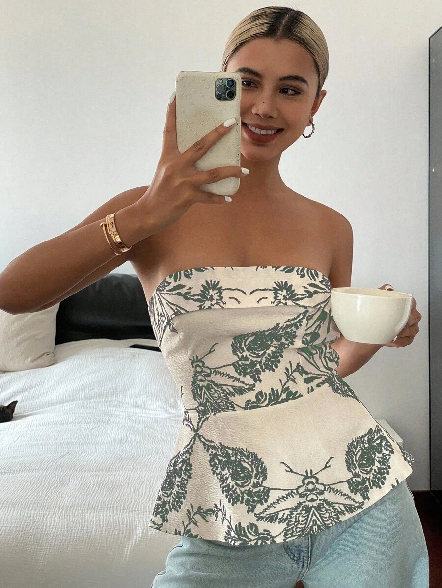 Livesso 女士花卉植物印花休闲度假抹胸，秋季外出上衣 - 灰色 - 查看 1