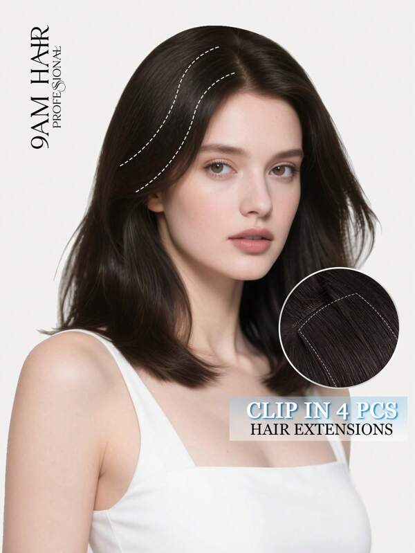 Extensiones de cabello con clip 9AM Hair 4 piezas con 8 clips, 100% cabello humano real color NC# negro natural, longitud 12-18 pulgadas, doble trama, extensiones de cabello con clip invisibles de cabello humano Remy natural para uso diario en toda la cabeza para mujer y niña