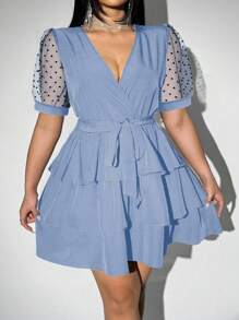 Viva Relle Plus Size Women's Summer Sexy Vacation Elegant Elegant Deep V-Neck Polka Dot Splice Mesh Sheer Puff Sleeve Multi-Layer Ruffle Hem Belted Maxi Dress