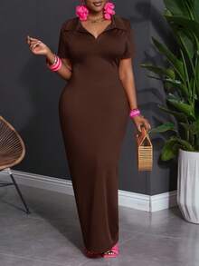 Slaydiva 女士大码休闲百搭夏季日常简约休闲修身高弹力Polo领短袖连衣裙棕色长款连衣裙巧克力棕色连衣裙棕色连衣裙长款棕色连衣裙棕色紧身连衣裙 - 棕色 - 查看 11