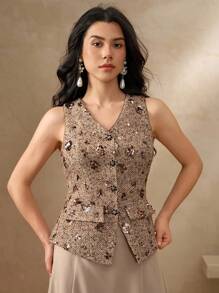 DAZY 优雅通勤亮片V领无袖女式衬衫，奢华外出上衣，闪亮嘉年华上衣 - 卡其色 - 查看 8