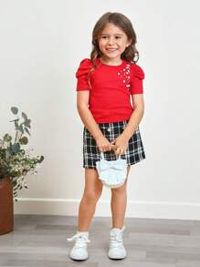 SHEIN Solid Color Casual Short Sleeve Pearl Beaded Ruffle Sleeve T-Shirt For Young Girl