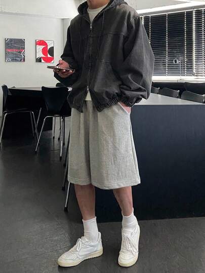 DAZY 男士纯色水洗连帽设计黑色牛仔夹克，秋季