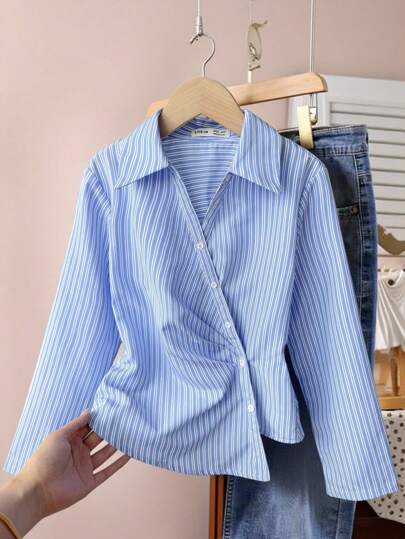 SHEIN Tween Girl Loose-Fit Casual Striped Collared Button-Up Asymmetric Hem Ruffled Shirt, Comfortable & Elegant Daily School Blue Striped Shirt Striped Collared Shirt Blue And White Striped Summer Shirt Fall Winter
