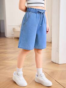 SHEIN Tween Girl Spring Summer Basic Casual Light Washed High Waisted Loose Fit Ruffle Waist Drawstring Denim Long Shorts With Bowknot And Rolled Hem Pockets, Girls Summer Beach Boho Vacation Comfortable Shorts, Summer Rave Concert Festival College Style , Tween Girl Short Jean Pants Tween Girl Casual Shorts Long Summer Shorts For Girls Denim Shorts - Dark Wash - View 5