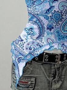 SHEIN EZwear Printed Mesh Blue Cashew Flower Vacation Grunge Print Pattern Women Camisole Top, Retro Y2K, Suitable For Street Style ,Halter Top - Multicolor - View 5