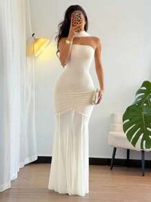 Rafferiza Women's Spring/Summer Off Shoulder Mesh Patchwork Elegant Fitted Dress - Apricot - View 4