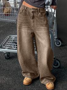 Strévra 复古宽松街头洗水做旧阔腿女式牛仔裤 - 藍色 - 查看 5