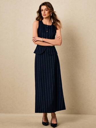 Poéselle Old Money 秋季细条纹两件套背心和长裙套装 - 无袖商务休闲工作服、秋季女装、秋季服装、女士办公室服装、女士工作服、Old Money 风格女士、Y2k 女士服装、返校服装、商务休闲女士、外出服装、女士细条纹裙套装、蓝色条纹裙套装