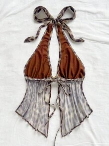 Soleia 休闲动物纹印花女士豹纹露背吊带无袖短款上衣，侧开衩设计，性感豹纹上衣 - 彩色 - 查看 2