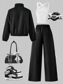 Sparklyn 3 件套青少年女孩服装：带蝴蝶结装饰的黑色拉链夹克、白色交叉肩带背心、蝴蝶结装饰阔腿裤，适合外出、度假、派对、返校 - 黑與白 - 查看 2