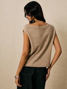 Poéselle 女式纯色不对称领口休闲针织上衣，夏季 - 卡其色 - 查看 2