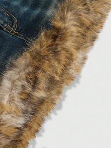ROMWE Fairycore Váy denim lông giả thêu họa tiết da báo cỡ lớn + ghép mảnh đính đá - Màu xanh lam - Xem 4