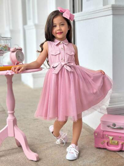 SHEIN Young Girl Casual Suggested Comfortable Collared Sleeveless Pocket Decor Mesh Patchwork Dress  Suitable For Daily Leisure, Going To School, Returning To School, And School Attire.  Photo Shoots, Daily Wear, School  Back To School  School Girls Clothes Fall Dresses