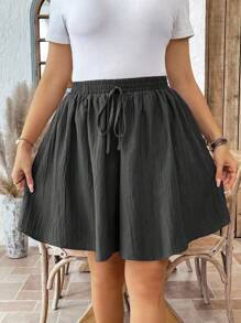 SHEIN LUNE Quần short vải trơn màu họa tiết đơn giản, thoải mái hàng ngày, cỡ lớn, dáng rộng, thường ngày, mùa hè dành cho nữ - Xám - Xem 5