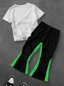 SHEIN 2 件套年轻男孩休闲简约短袖喇叭裤针织套装，适合夏季 - 彩色 - 查看 2