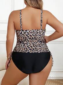 SHEIN CURVE+ Plus Size Women Leopard Print Tankini Swimsuit Set For Summer Beach Vacation - Black - View 2