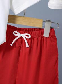 GraphicGems 2 件年轻男孩“最酷的兄弟”涂鸦印花圆领短袖白色 T 恤和红色编织短裤套装，夏季