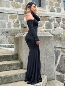 Jeta Ari Off Shoulder Long Sleeve Maxi Dress Vacation Summer Spring Romantic Wedding Guest Birthday, Elegant Holiday Ibiza - Black - View 5