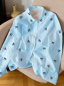 SHEIN Bow Print Front Button Casual Long Sleeve Shirt Fall Cloth For Women - Blue - View 4