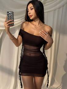 SHEIN EZwear Women's Coffee Brown Off-Shoulder Ruffle Hem Patchwork Mini Dress - Coffee Brown - View 6
