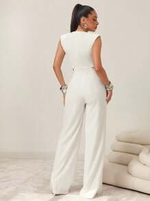 Vixey Women's Solid Color Round Neck Batwing Sleeve Cutout Waist Wide Leg Loose Jumpsuit, Business Casual Woman, Office Outfit - White - View 3