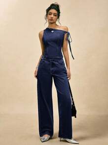 Easelle 牛仔上衣搭配露肩西装 牛仔裙搭配洗水西装 - 藍色 - 查看 1