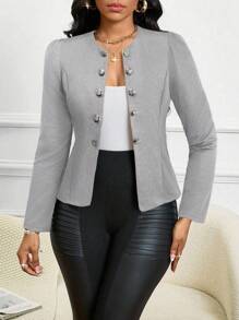 SHEIN Lady 2025 New Four Season/ Church Attire/ Suede Solid Color Button Detail Open Front Jacket In Fall/Winter - Light Grey - View 4