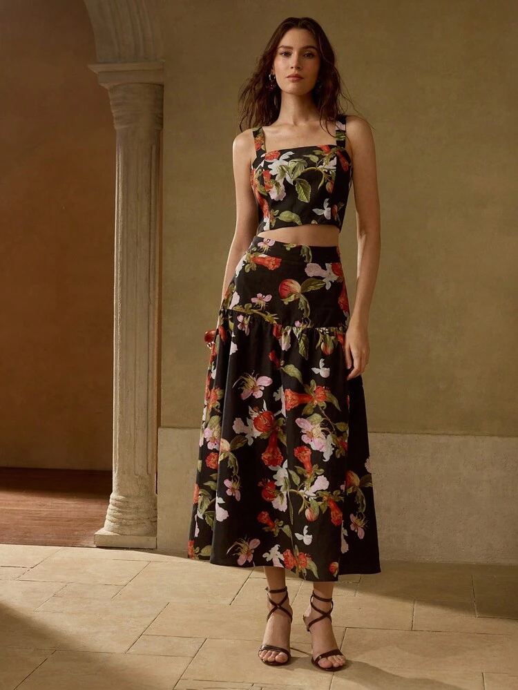 ALLOVER PRINT HIGH WAIST FLOWY HEM SKIRT