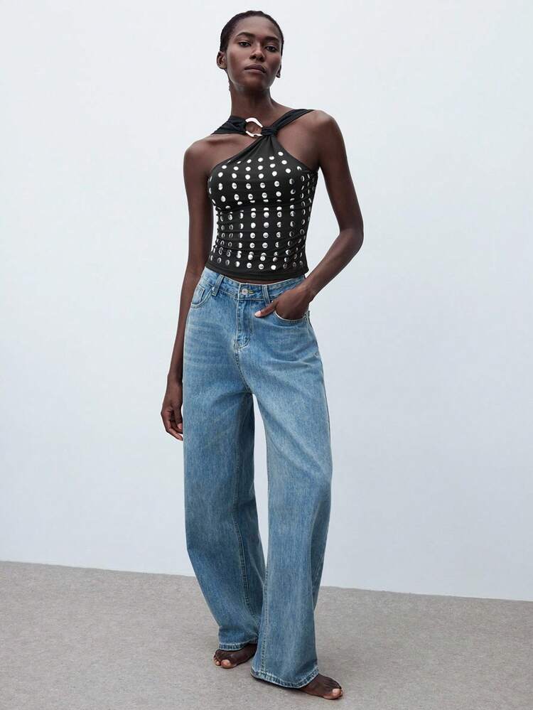 SHEIN Maija Top sans manches à col ras-du-cou avec décoration de rivets, tenue décontractée pour l'automne