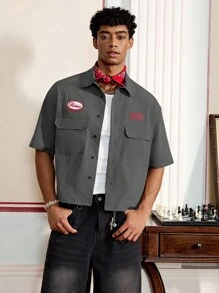 SWAVVY 男士字母刺绣工装口袋短袖休闲衬衫 - 灰色 - 查看 4