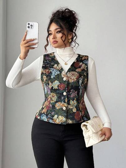 Elenzga Fashionable Vintage Plus Size Jacket Vest With Pearl Button Decor, Versatile Suitable For Gatherings, Parties, Valentine's Day