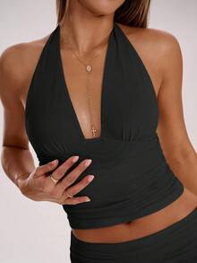 SHEIN BAE Áo hai dây hở lưng xếp ly cổ chữ V sâu màu trơn gợi cảm cho nữ - màu đen - Xem 4