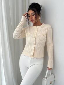 Elenzga Damen eleganter romantischer Strickjacken-Pullover, Rundhalsausschnitt, Langarm - Aprikosenfarben - Übersicht 5