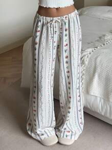 Aloruh 新款夏季休闲百搭松紧腰抽绳直筒阔腿条纹浪漫花卉印花裤，适合居家和外出 - 白色 - 查看 6