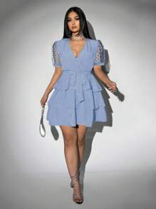 Viva Relle Plus Size Women's Summer Sexy Vacation Elegant Elegant Deep V-Neck Polka Dot Splice Mesh Sheer Puff Sleeve Multi-Layer Ruffle Hem Belted Maxi Dress