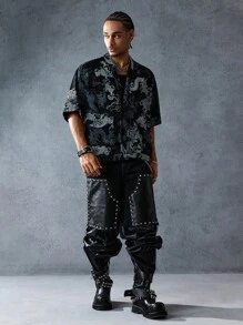 ROMWE MEN Anime 男士中国龙印花短袖前系带牛仔衬衫 - 藍色 - 查看 7