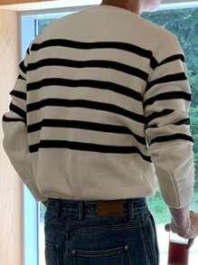 DAZY Áo len dệt kim sọc nhiều màu thường ngày cho nam, Thu/Đông - Đen và trắng - Xem 5