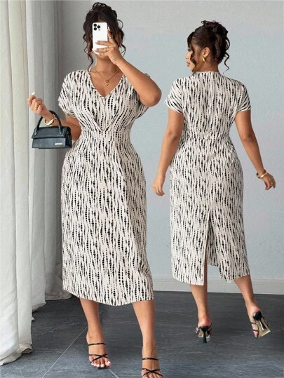 Elenzga Vestido elegante de verano para mujer de talla grande con cuello en V, mangas cortas tipo murciélago, cintura ceñida y bajo con abertura