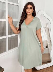 SHEIN 女式加大码V领蕾丝边花卉提花针织短袖睡袍