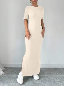 SHEIN PETITE Women's Summer Solid Split Thigh Tee Dress Without Bag Maxi Women Outfit Summer Dress - Apricot - View 4