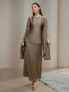 Veilorie Women's Solid Color Poncho Top & Skirt Arabic Style Set Elegant Two Piece Set Modest Two Piece Set Dress Modest