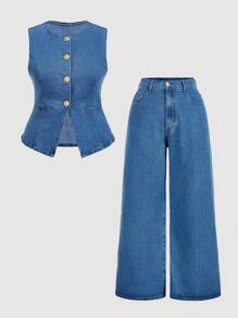 SHEIN MOD Bộ 2 món áo không tay cổ tròn cài nút phía trước màu trơn cỡ lớn và quần jeans ống rộng - Rửa trung bình - Xem 1