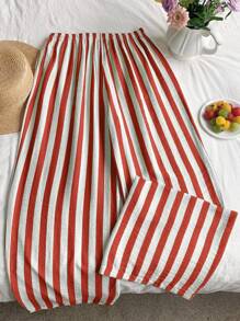 SHEIN EZwear 女士系带腰阔腿宽松休闲条纹裤 - 紅色 - 查看 2