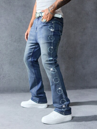 Street Life Jeans décontractés évasés avec poche ornée de strass pour hommes