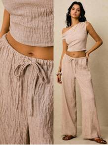 Poéselle 2 Stücke Damen Sommer lässiges einfarbiges Set mit asymmetrischem Kragen anliegender Crop Top und weiter Hose mit Kordelzug Taille