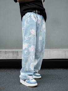 Manfinity Roghcode Plus Size Men's Rose Print Washed Denim Jeans, Casual Streetwear Street Style, All Season Flower Harajuku Emo City Break Work Light Blue Floral Summer - Light Wash - View 3