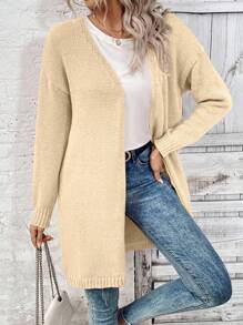 EMERY ROSE 1pc Women Drop Shoulder Loose Fit Long Cardigan Sweater, Solid Color, Casual, Autumn/Winter Green Cardigangreen Cardigan Womenlong Sweater Cardiganlong Cardigan Sweaterduster Cardigan Knitted Sweater Fall Cloth For Women